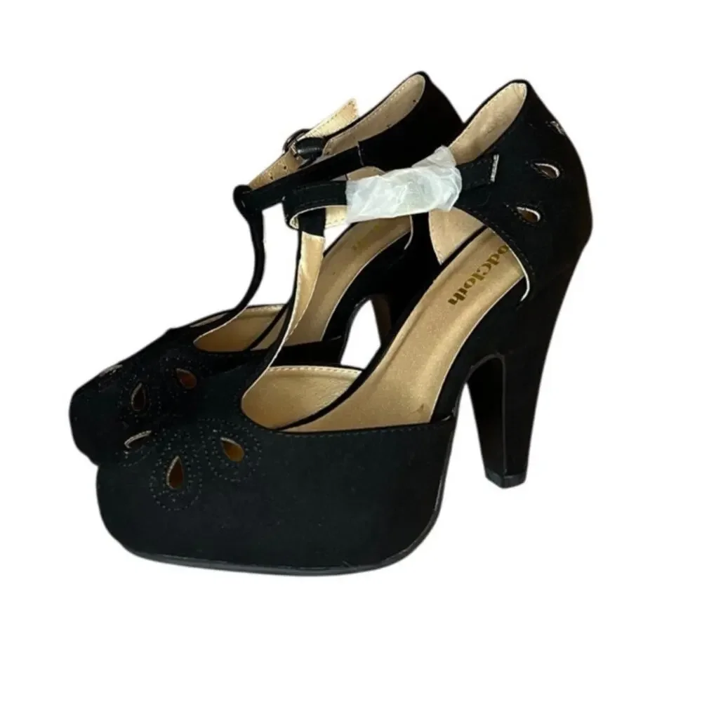 ModCloth Black Suede T Strap Platform Heels 5W Rockabilly Pinup Retro - Picture 3 of 5